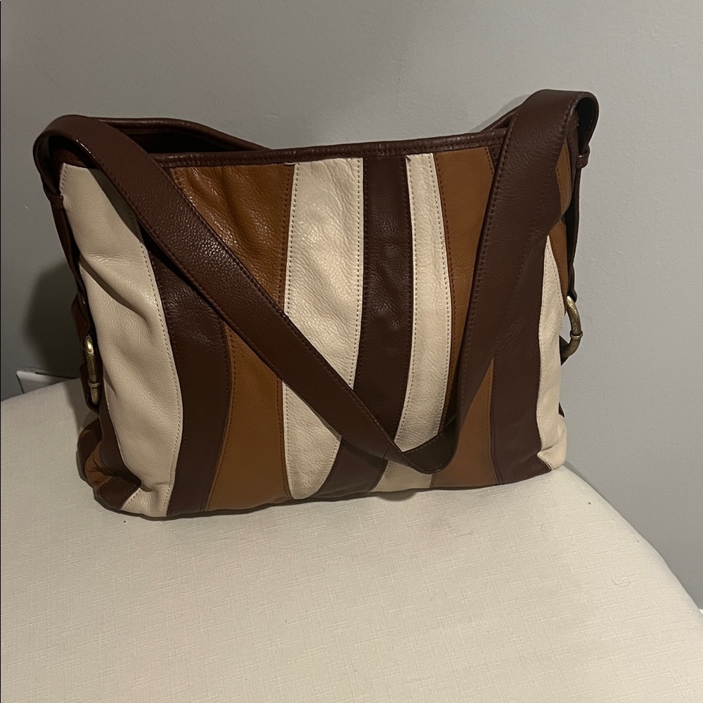 Striped Leather Shoulder Bag in Brown, Tan & Cream
